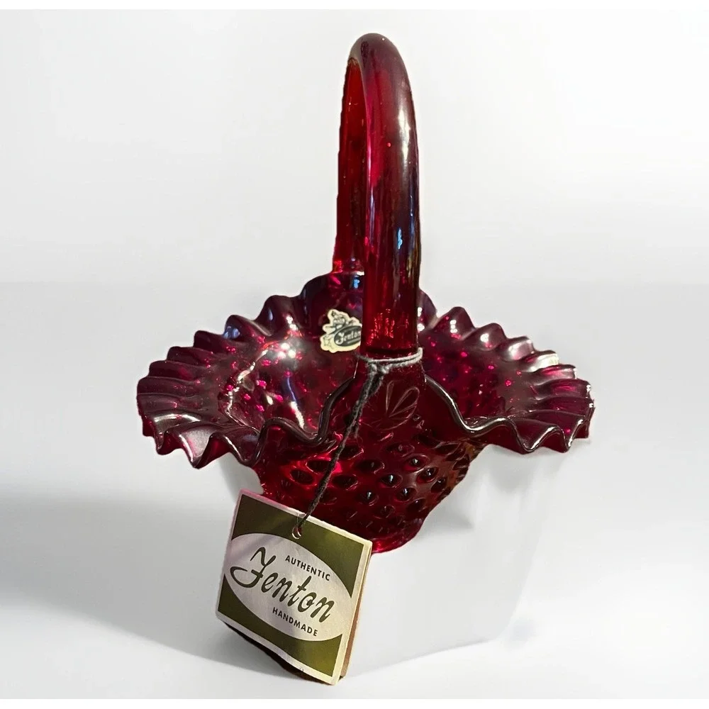 Vintage Fenton Ruby Red Hobnail Glass Basket‎ with Ruffled Edge & Handle TAGS